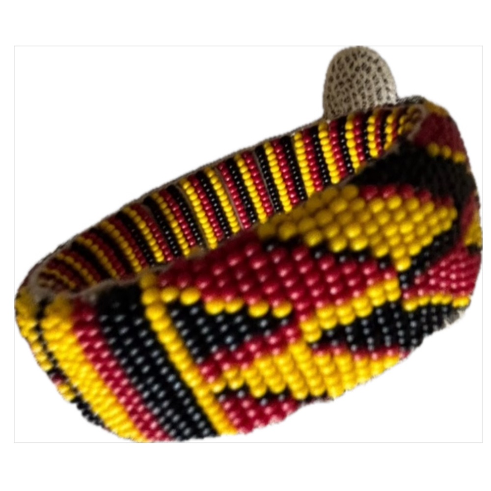 Hand Crafted Black, Red, & Yellow Beaded Bangle Bracelet Vibrant